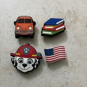 Paw patrol, flag, RV, library book jibbitz shoe charms
